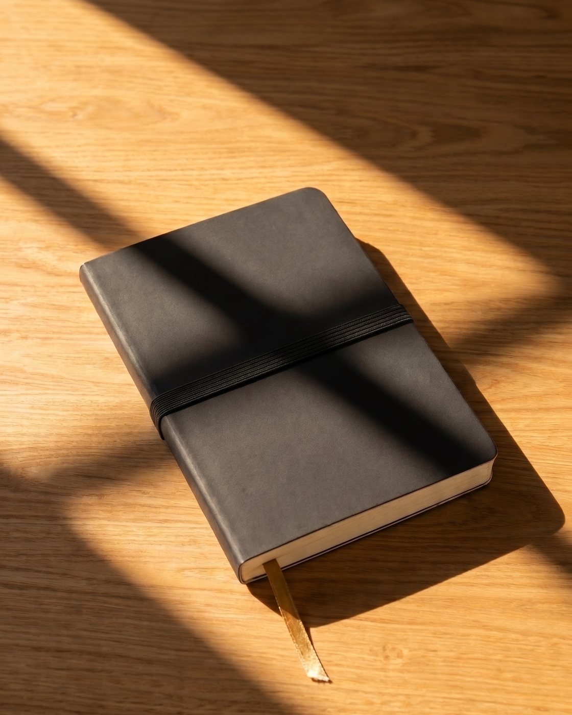 Rendering of the black Unsynced pocket notebook on an oak desk in window light, a flat black elastic band wrapped across the cover and a gold ribbon